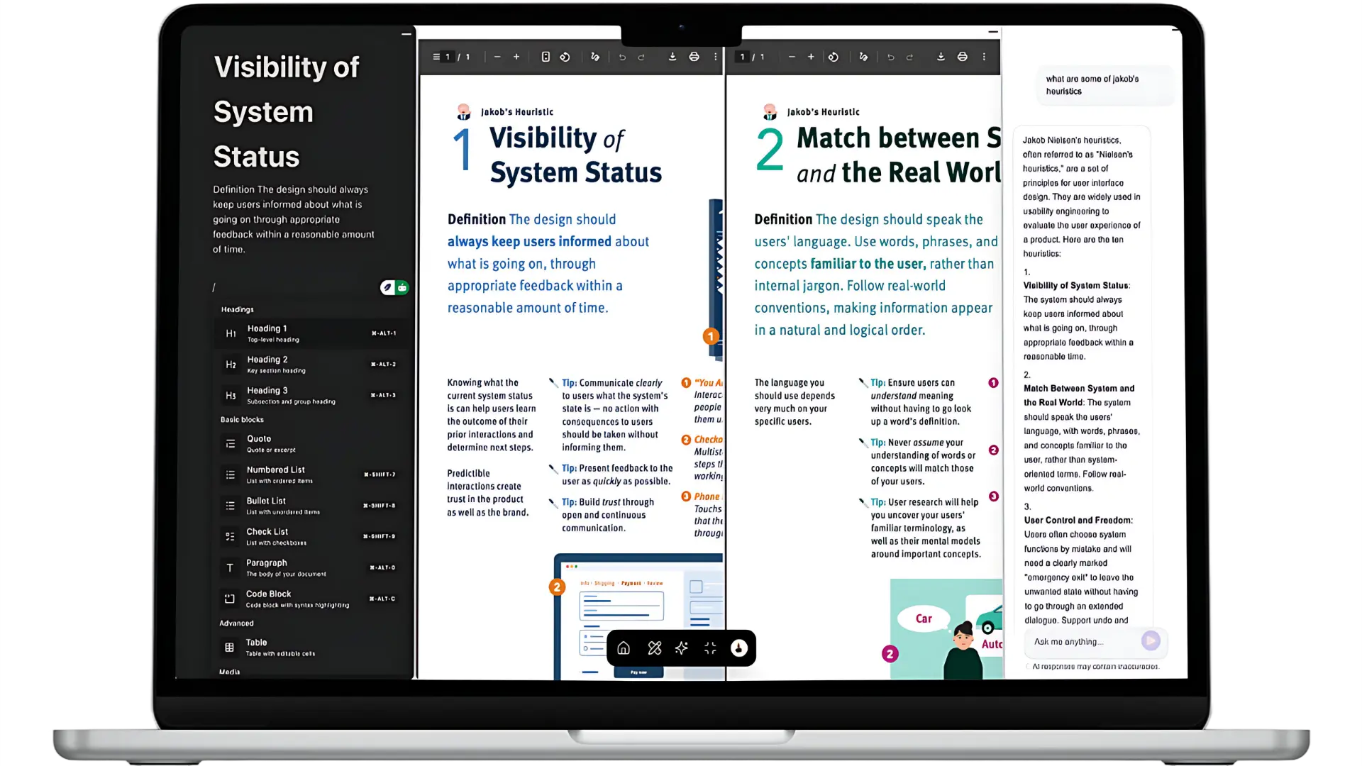 Stacks productivity workspace showing PDF reader, notes panel, and AI chat side by side